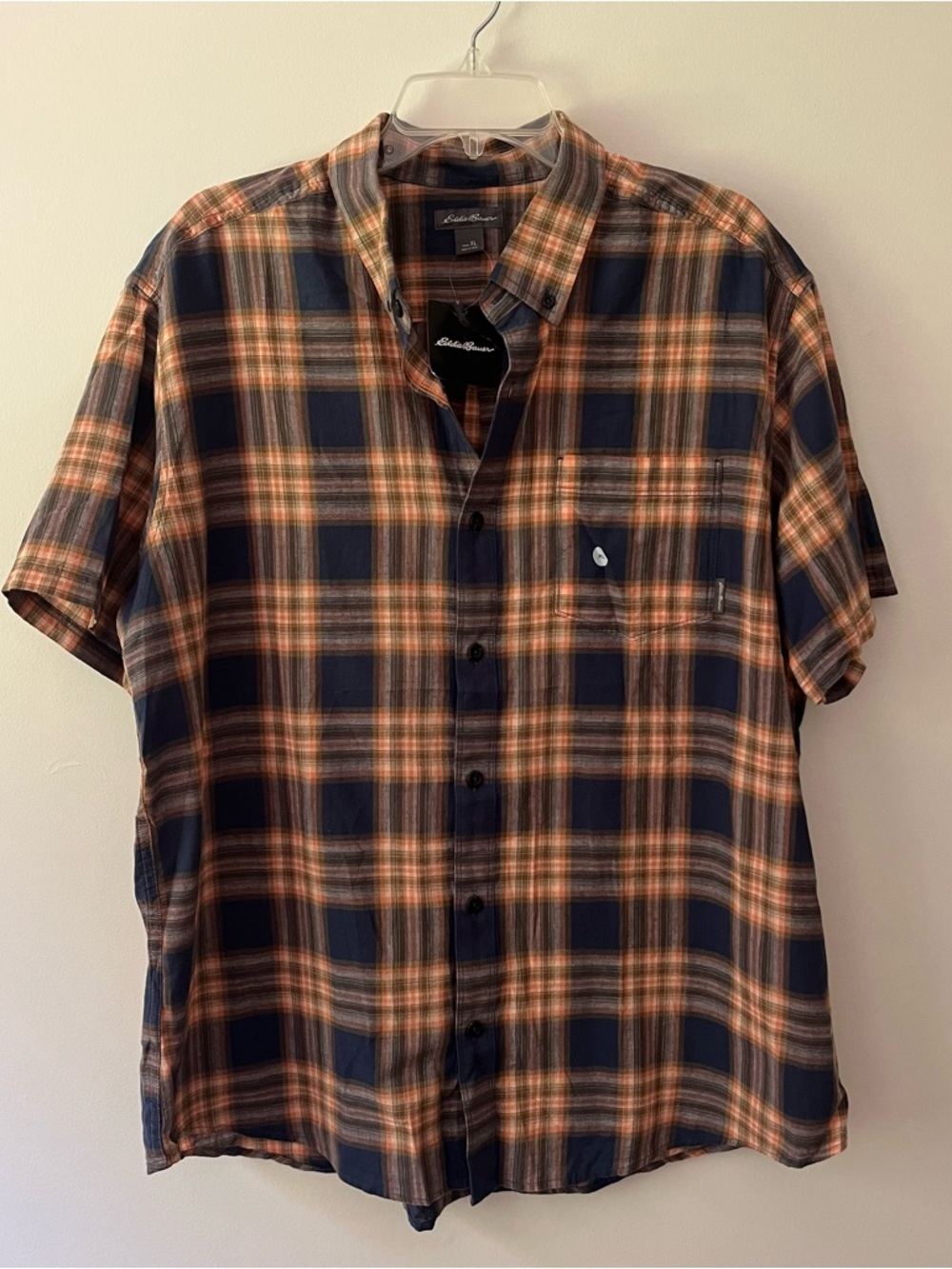 Men's Eddie Bauer Plaid Button Down Shirt Short Sleeve XL Navy Orange NEW